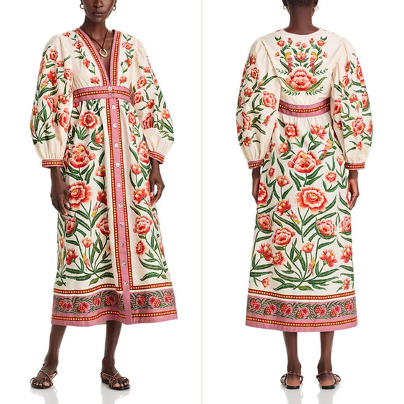 NWT FARM RIO Ainika Delicate Off-White Balloon Sleeves Maxi Dress SZ Small - Picture 1 of 9